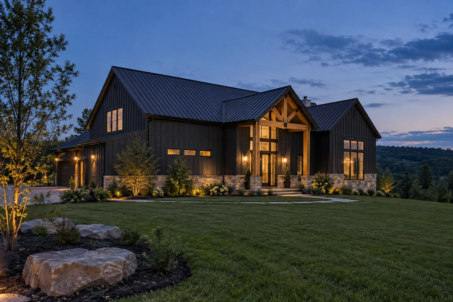 Completed modern exterior remodel with dark board-and-batten siding, a metal roof, and warm timber details
