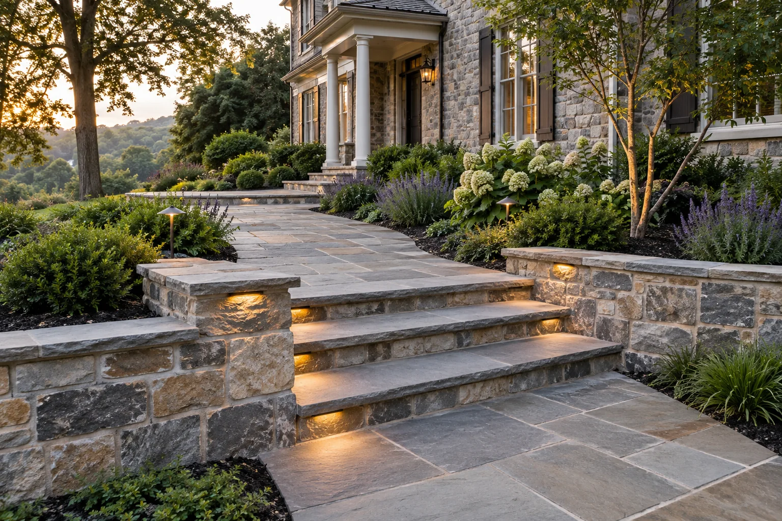 Completed stone walkway, steps, and retaining walls with integrated landscape lighting