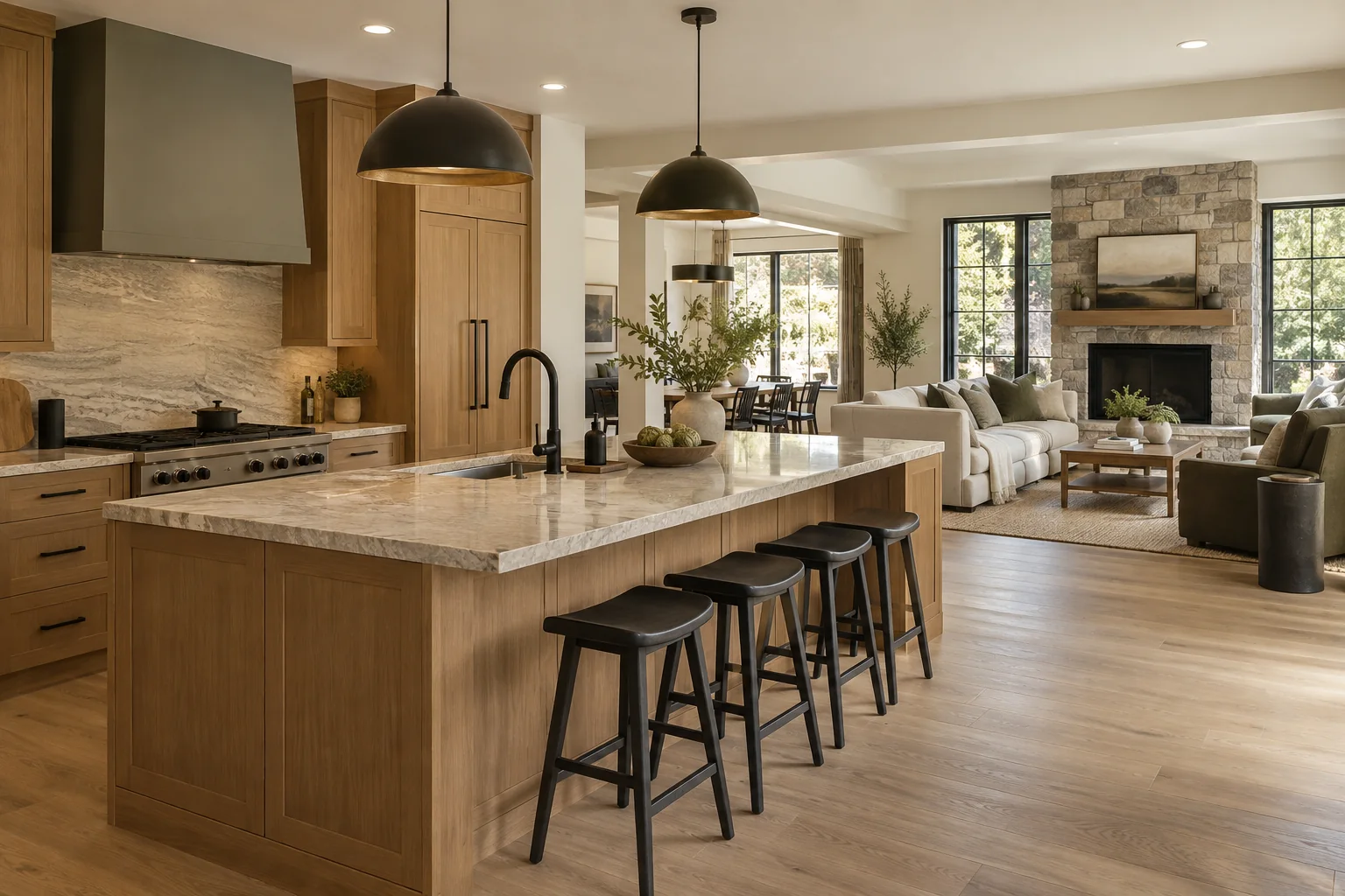 Completed interior remodel with white oak cabinetry, natural stone counters, and an open living area