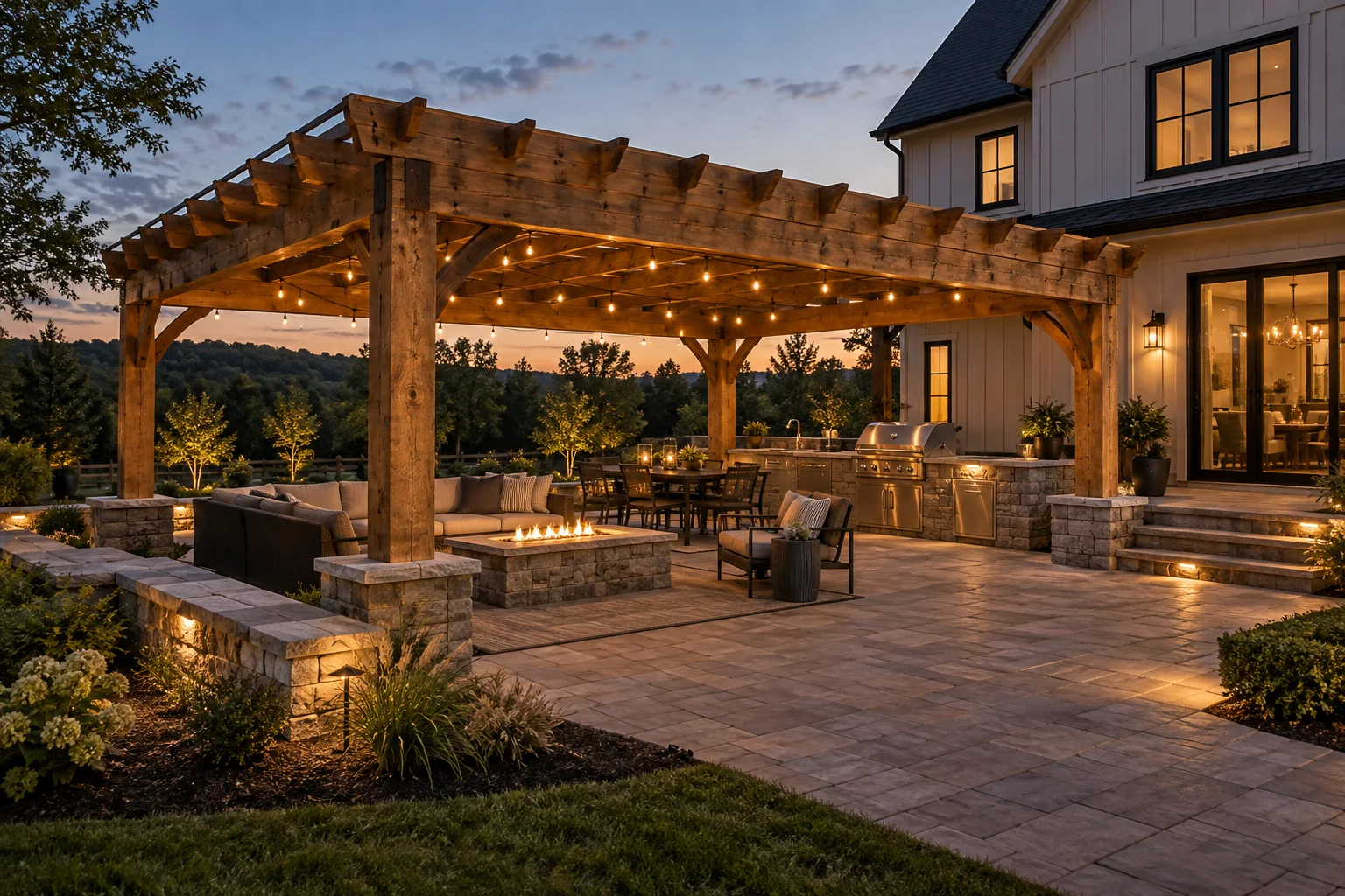 Completed outdoor living project with a timber pergola, paver patio, outdoor kitchen, and fire feature
